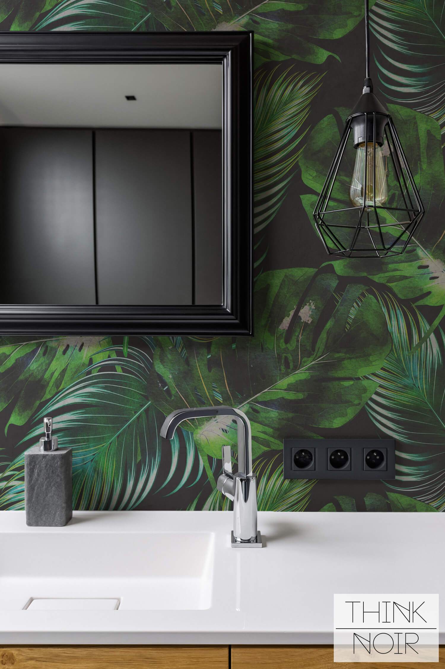 Dark Tropical Wallpaper In Bathroom Interior - Botanical Wallpaper Bathroom , HD Wallpaper & Backgrounds