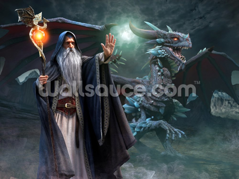 Merlin’s Dragon Mural Wallpaper - Wizard Illust , HD Wallpaper & Backgrounds