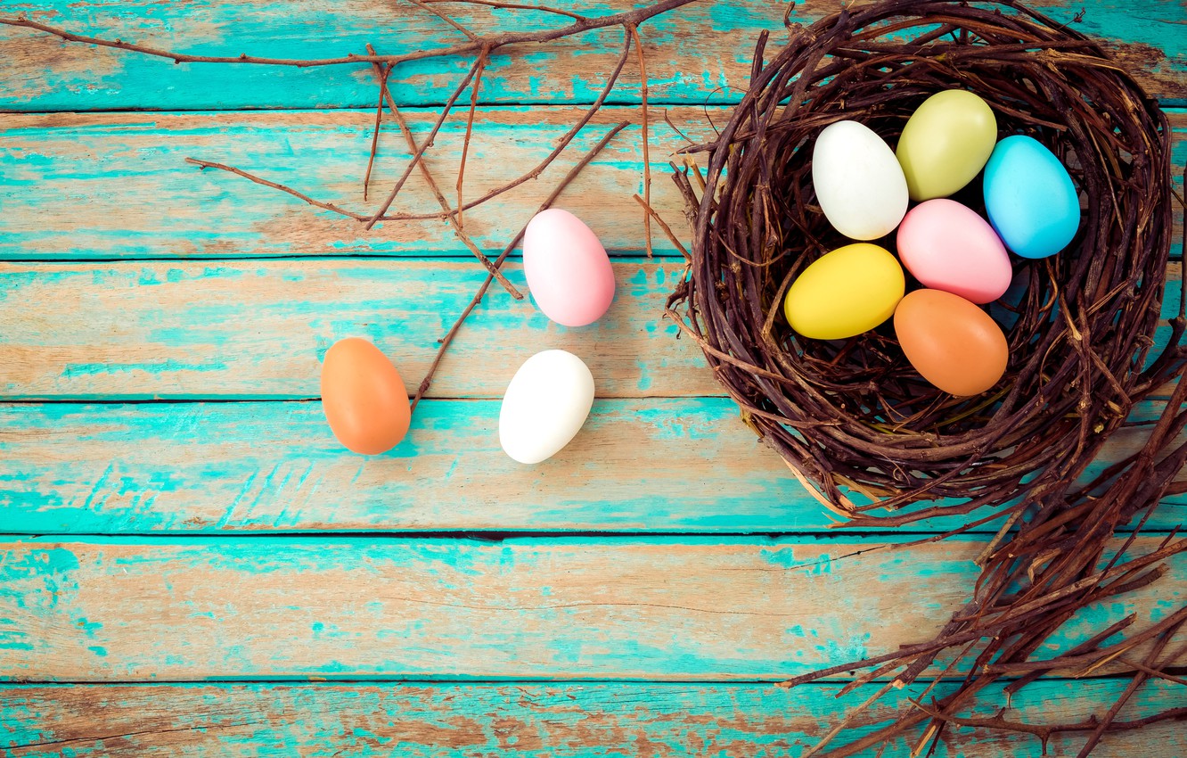 Photo Wallpaper Branches, Basket, Eggs, Spring, Colorful, - Easter Wallpaper Vintage , HD Wallpaper & Backgrounds