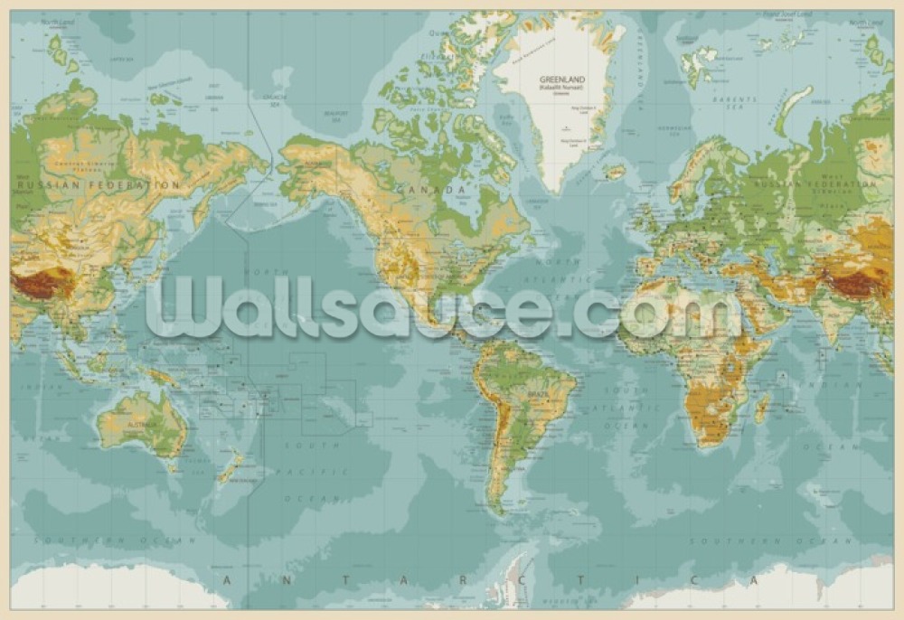 Natural Toned World Map Wall Mural - Physical Map Of The World , HD Wallpaper & Backgrounds