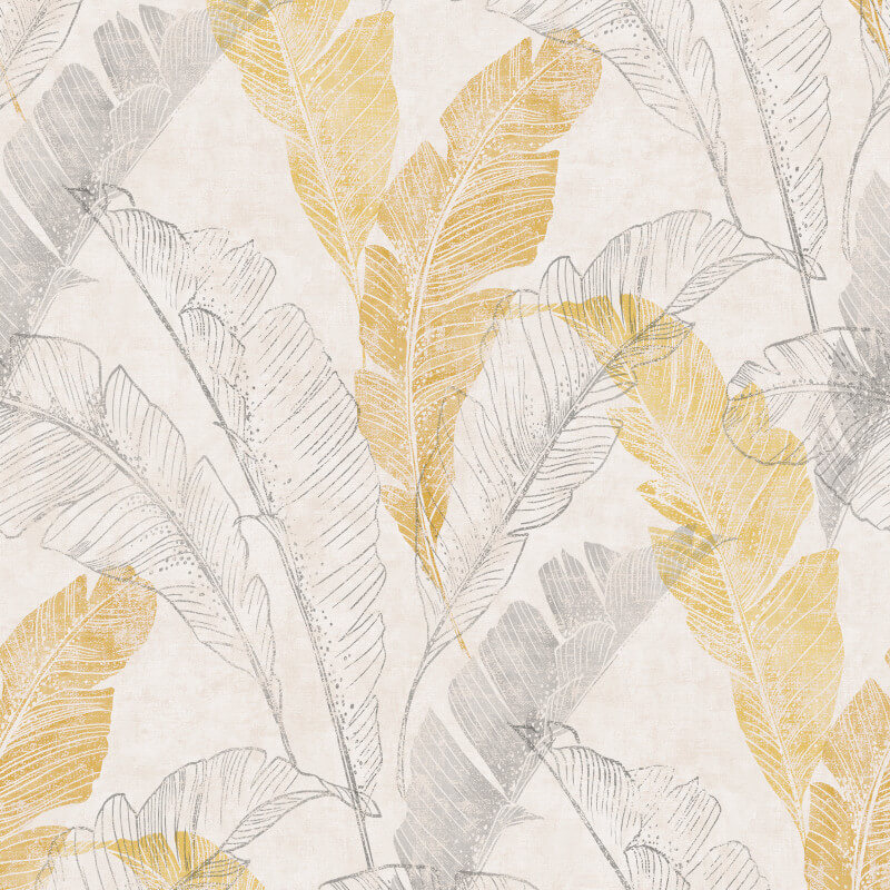 Grandeco Myriad Capri Tropical Leaf Yellow/grey Wallpaper - Leaf Pattern On Grey , HD Wallpaper & Backgrounds