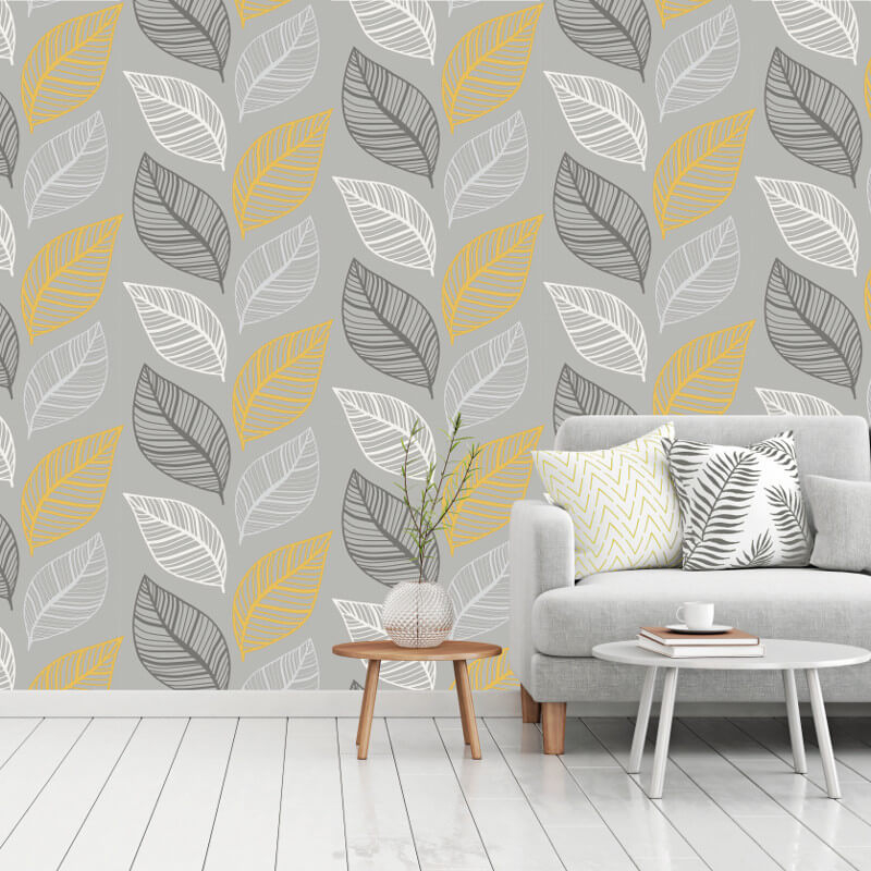 Crown Elba Large Leaf Yellow/charcoal Glitter Wallpaper - Grey And Yellow Wallpaper Living Room , HD Wallpaper & Backgrounds
