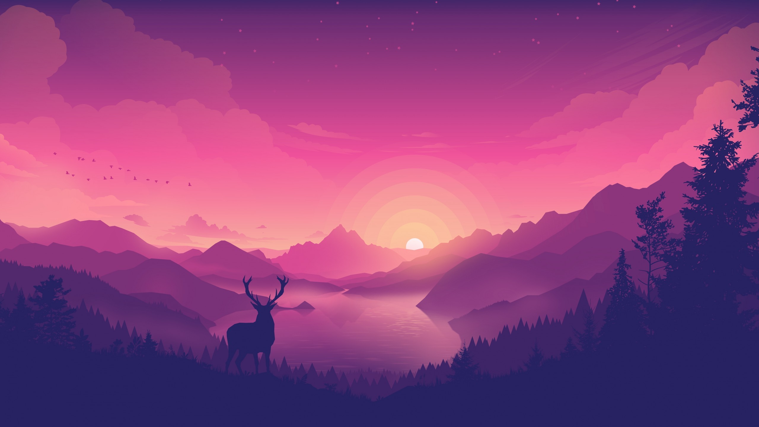 Flat Landscape, Deer, Lake, Sunlight, Dawn, Sunset - Flat Landscape , HD Wallpaper & Backgrounds