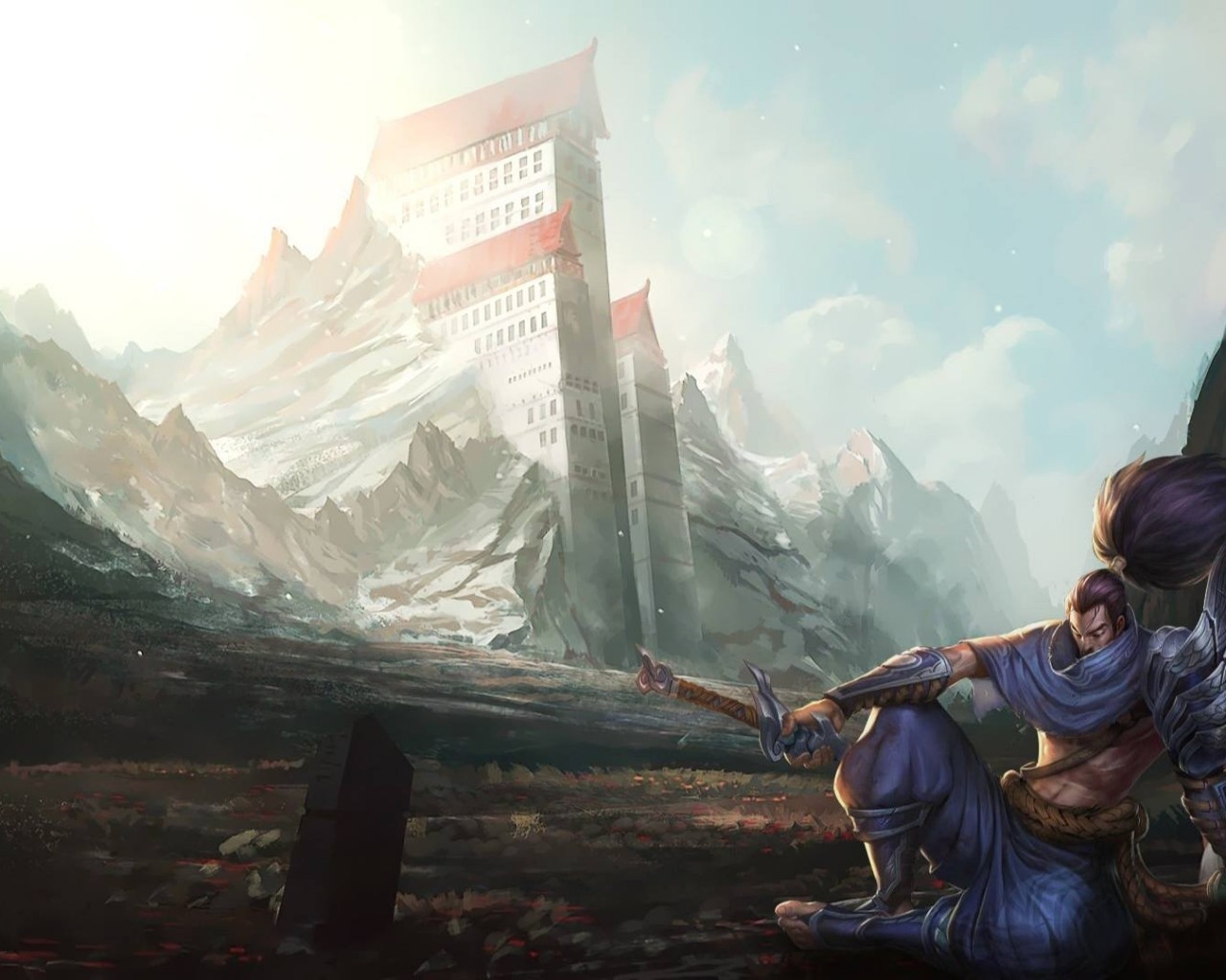 Yasuo, League Of Legends, Artwork, Mountain, Tower, - League Of Legends Yasuo , HD Wallpaper & Backgrounds