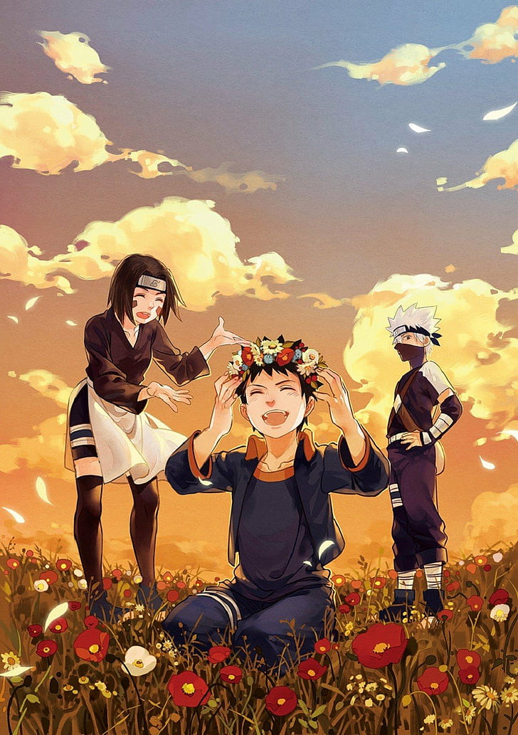 Anime, Artwork, Flowers, Hatake Kakashi, Naruto Shippuuden, - Obito Rin Kakashi Hd , HD Wallpaper & Backgrounds