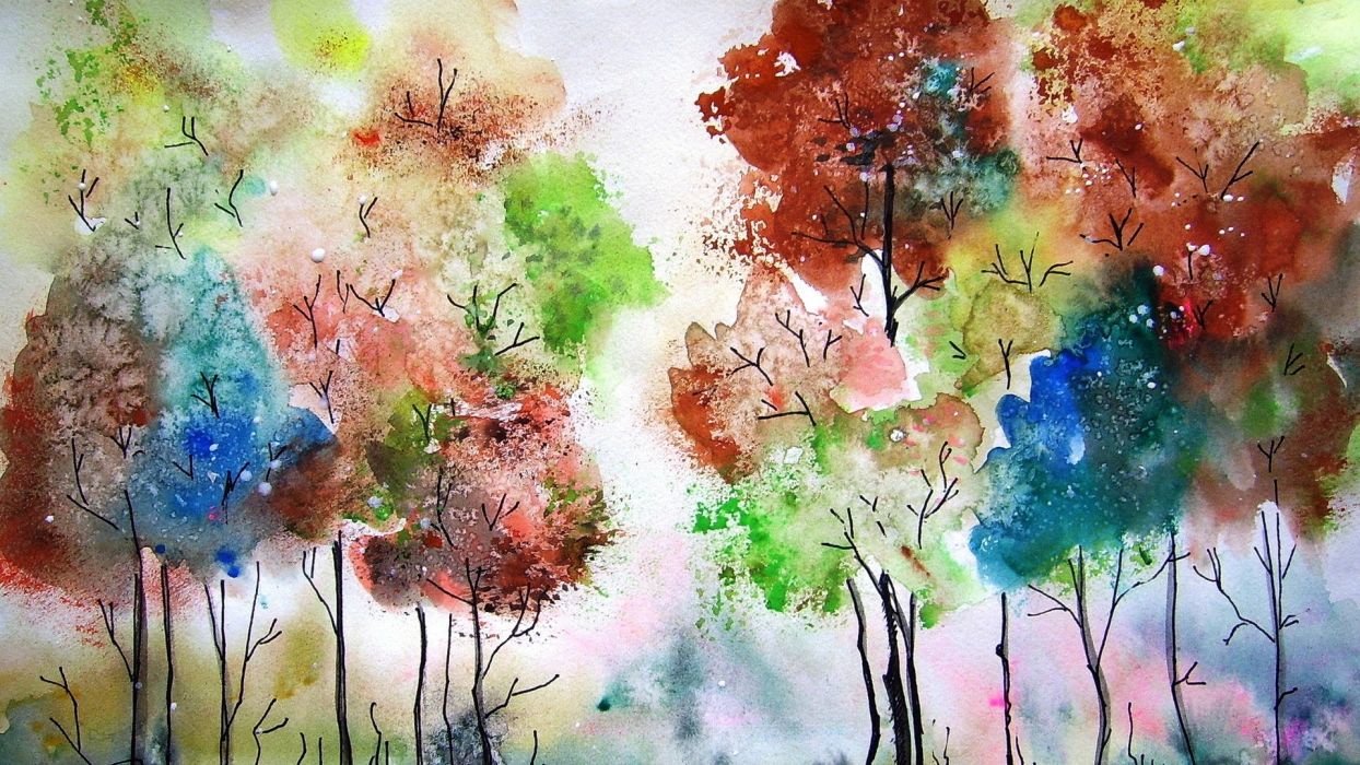 Picture Painting Watercolor Trees Colors Wallpaper - Art Watercolor Desktop Background , HD Wallpaper & Backgrounds