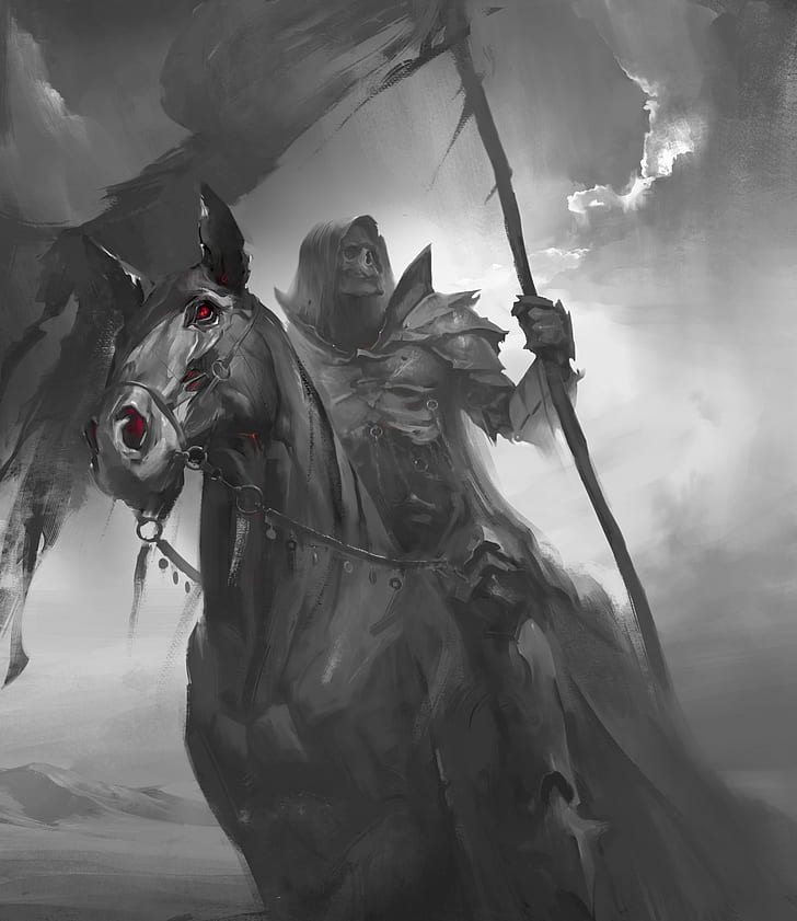 Drawing, Death, Monochrome, Horseman, Hd Wallpaper - Grim Reaper On Horse , HD Wallpaper & Backgrounds