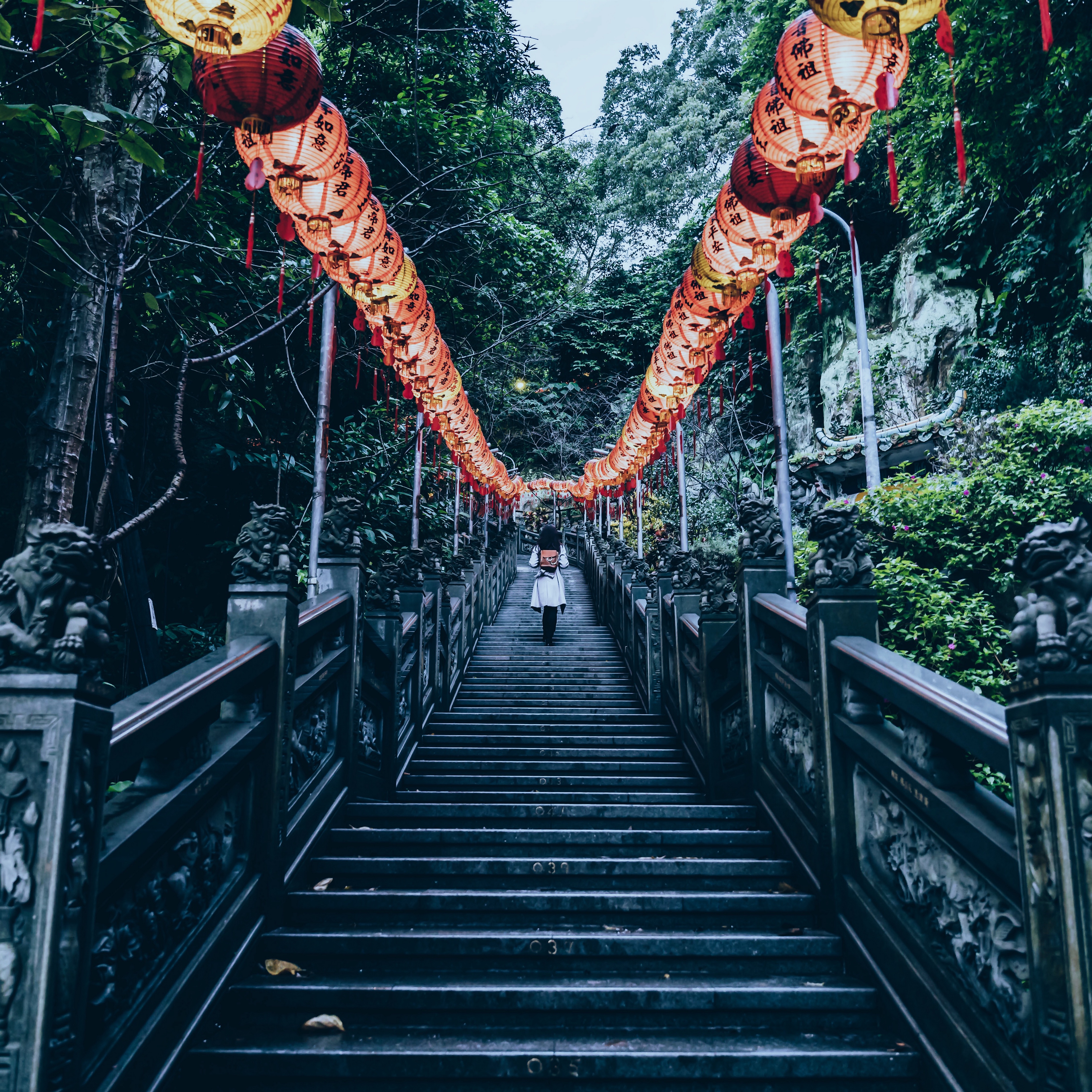 Wallpaper Stairs, Chinese Lanterns, Climb, Trees - Chinese Wallpaper Ipad Pro , HD Wallpaper & Backgrounds