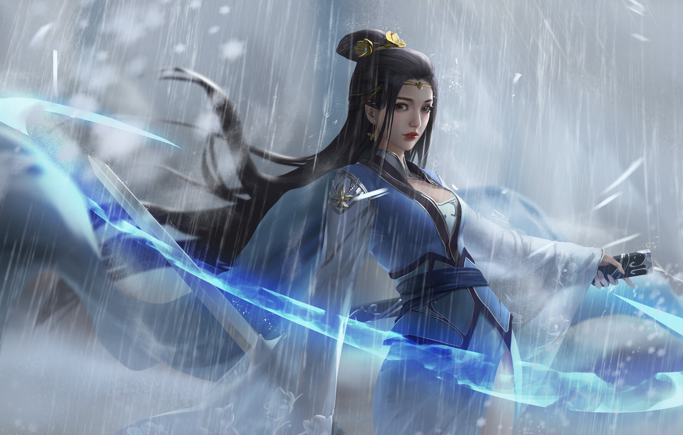 Photo Wallpaper Girl, Rain, Asian, Girl, Sword, Dress, - Chinese Girl Art , HD Wallpaper & Backgrounds