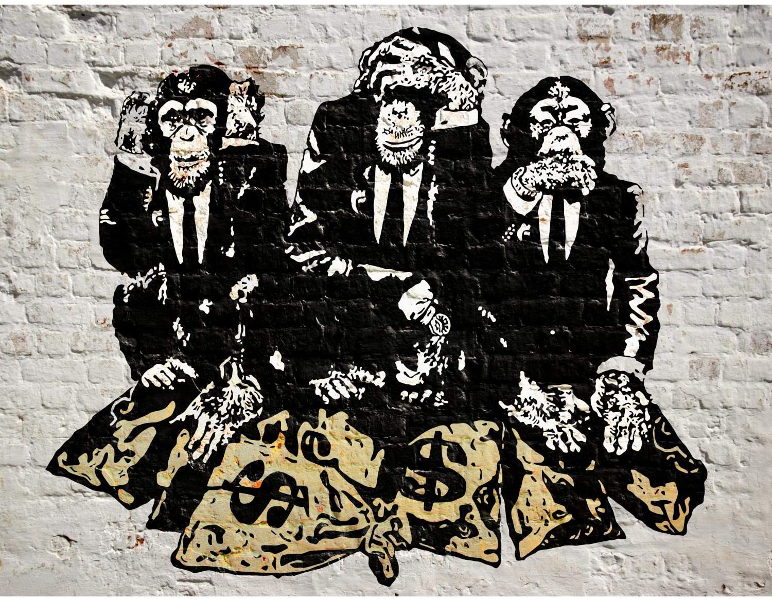 Photo Wallpaper Banksy Street Art Monkey Money Bags - Banksy Three Wise Monkeys , HD Wallpaper & Backgrounds