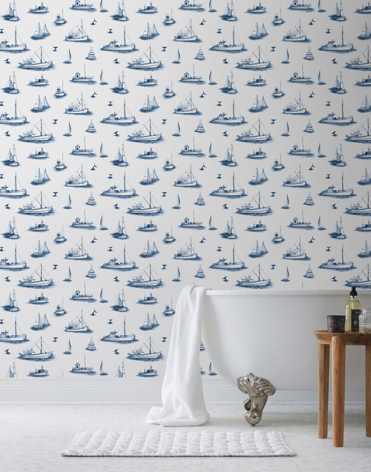 Ahoy Wallpaper With Navy Blue Ships And Whale Tales - Interior Design , HD Wallpaper & Backgrounds