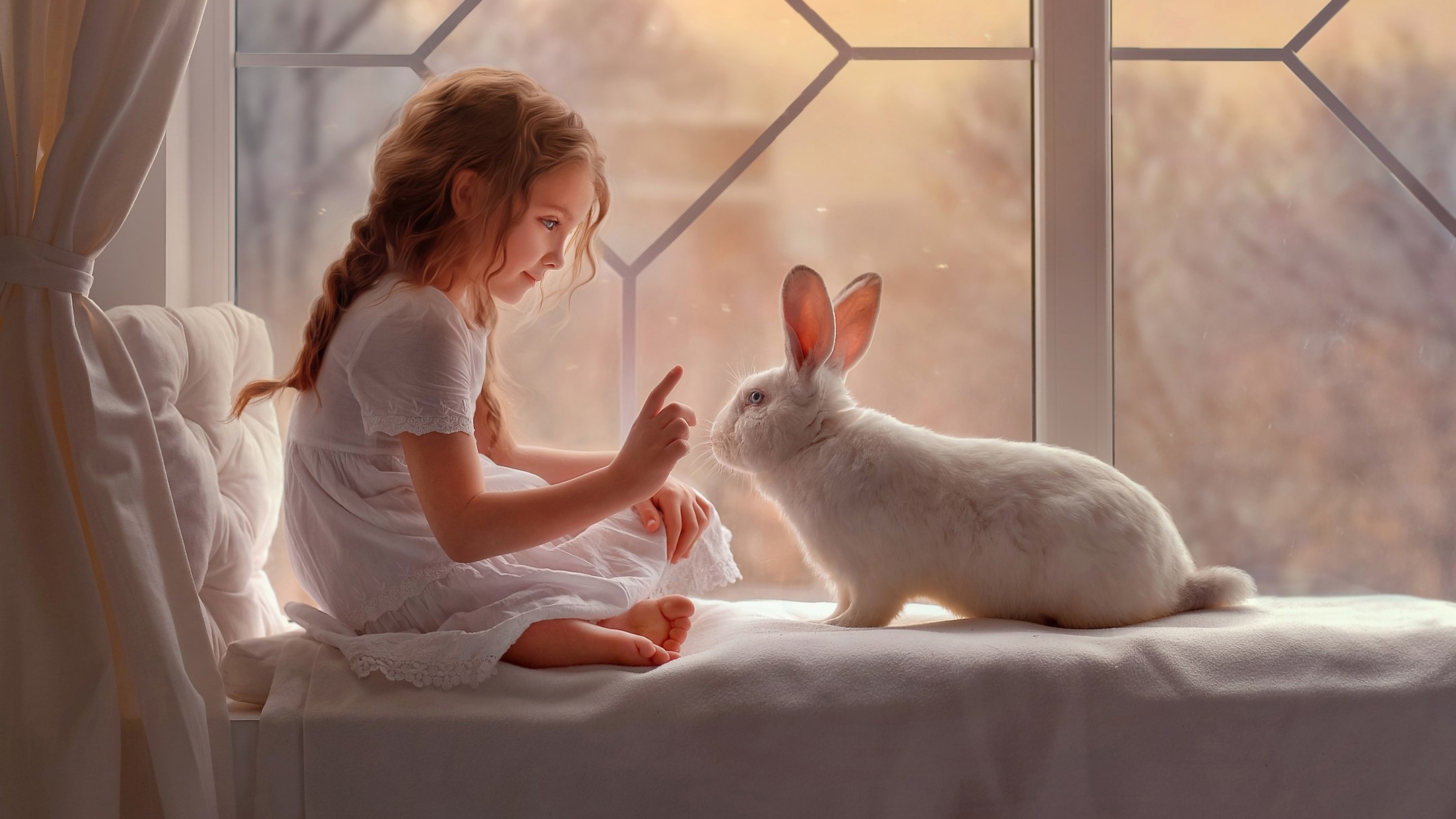 Cute Girl And Rabbit Wallpaper 
 Title Cute Girl And - Rabbit With Cute Girl , HD Wallpaper & Backgrounds