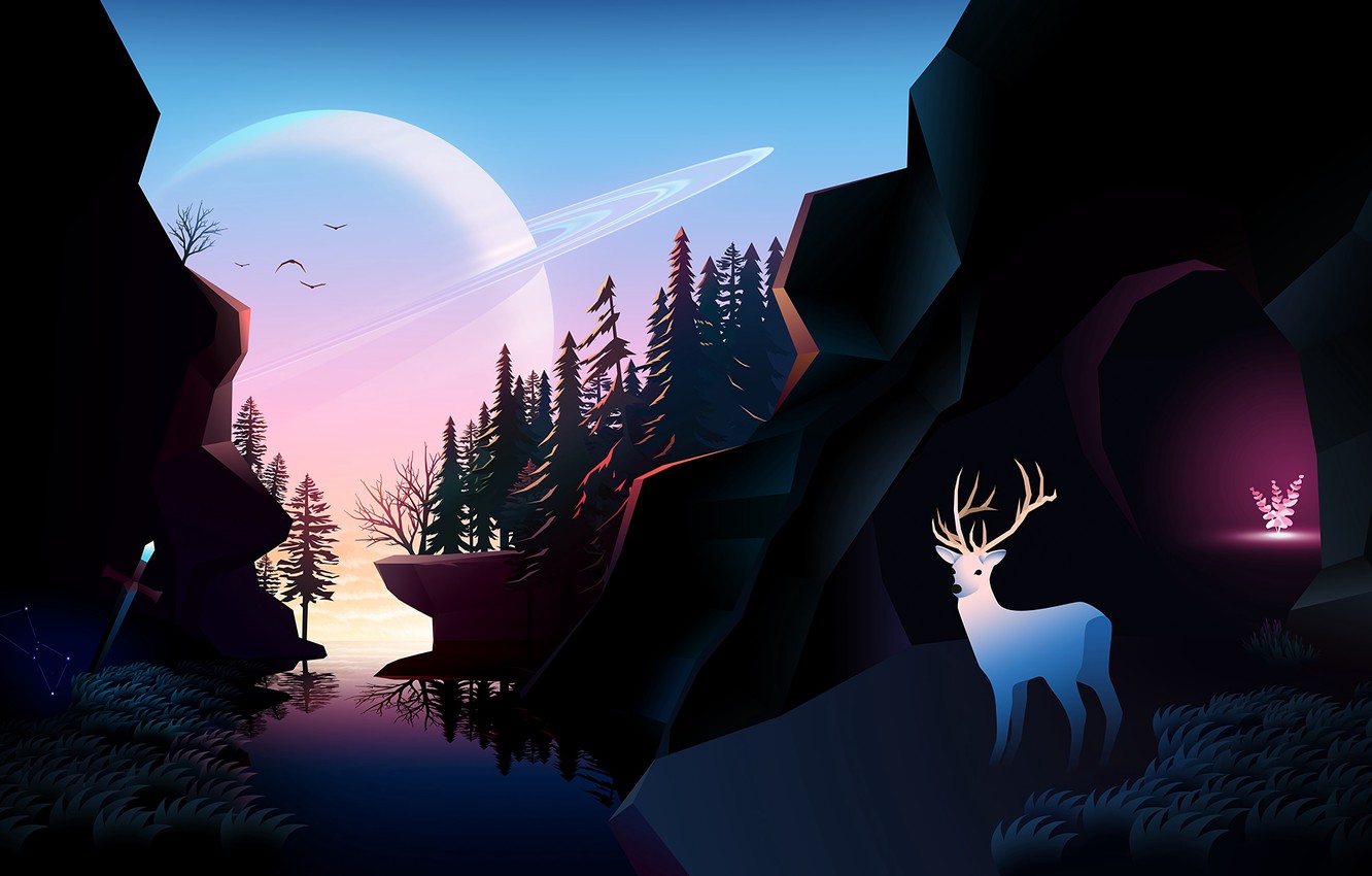 Photo Wallpaper Planet, Fantastic, Wallpaper, Forest, - Deer Landscape Wallpaper Violet , HD Wallpaper & Backgrounds