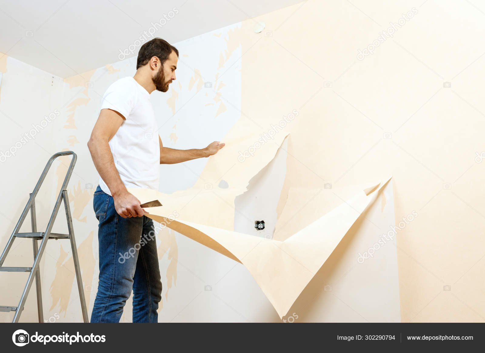 Man In With A Scraper In The Process Of Removing Old - Wall , HD Wallpaper & Backgrounds