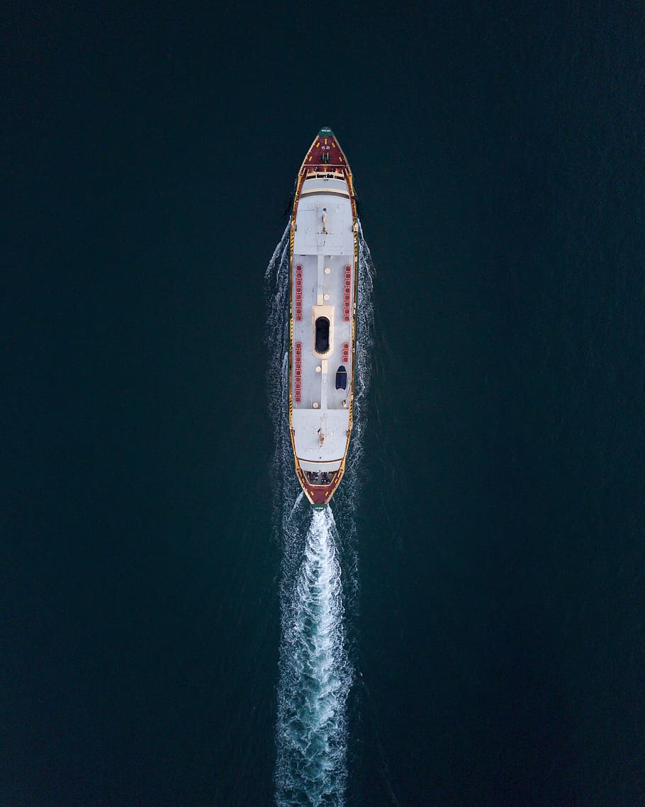 Red And White Ship On Sea, Drone View, Aerial View, - Drone Photo Boat Ferry , HD Wallpaper & Backgrounds
