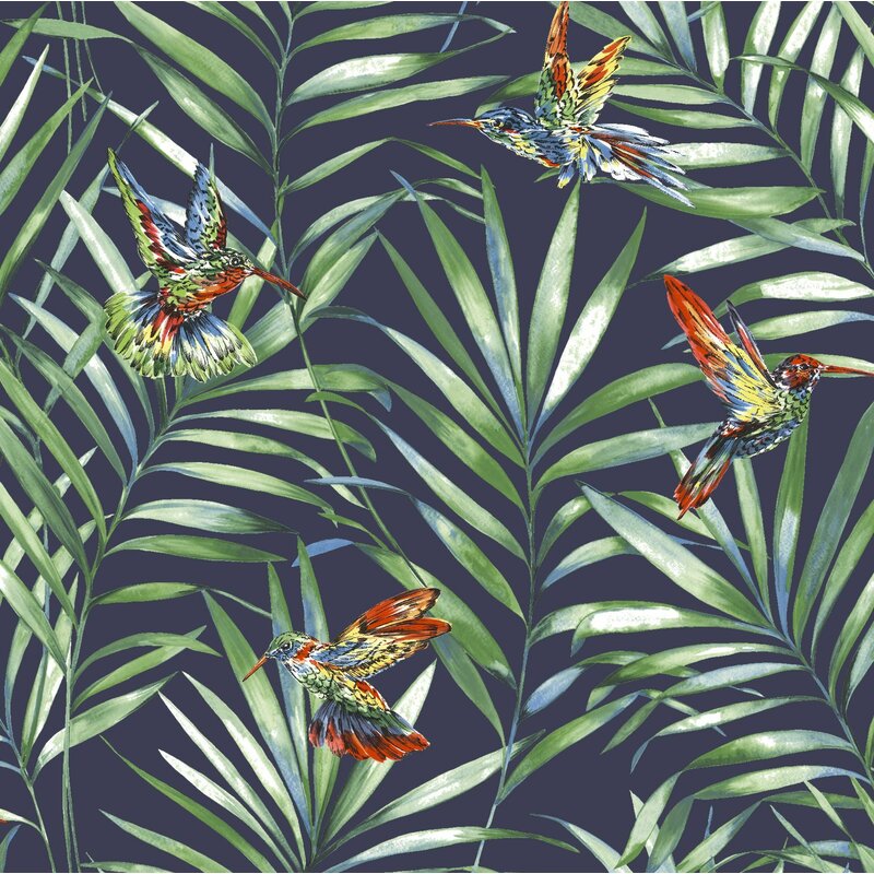 Hummingbird Tropical Floral 10m X 52cm Matte Wallpaper - Hummingbird Tropical Fabric Navy , HD Wallpaper & Backgrounds