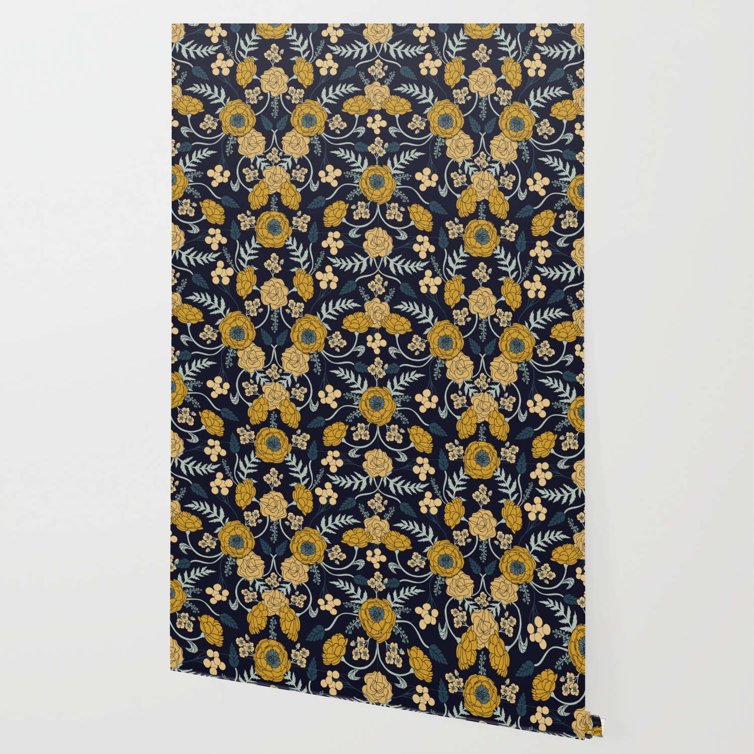 Navy Blue, Turquoise, Cream & Mustard Yellow Dark Floral - Mustard Navy And Grey , HD Wallpaper & Backgrounds