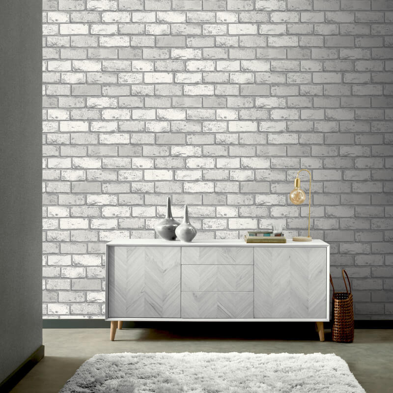 Arthouse Industrial Brick Wall White/silver Metallic - Wallpaper , HD Wallpaper & Backgrounds