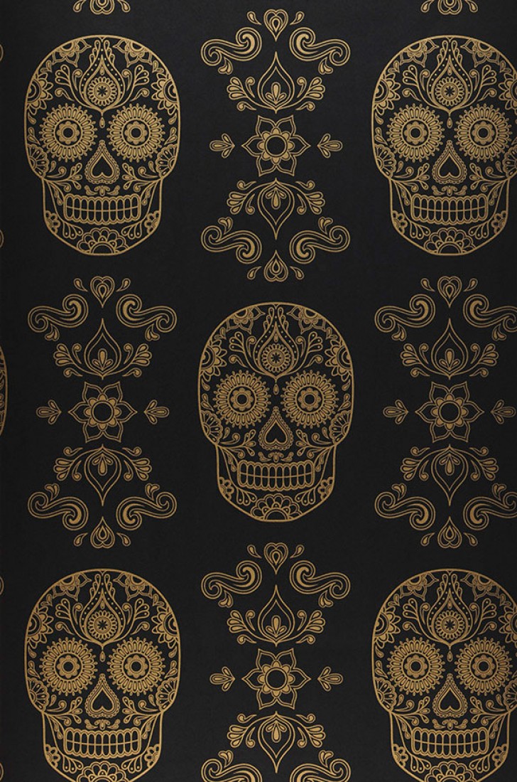 Wallpaper Dia De Los Muertos Shimmering Pattern Matt - Emerald Blue And Gold , HD Wallpaper & Backgrounds