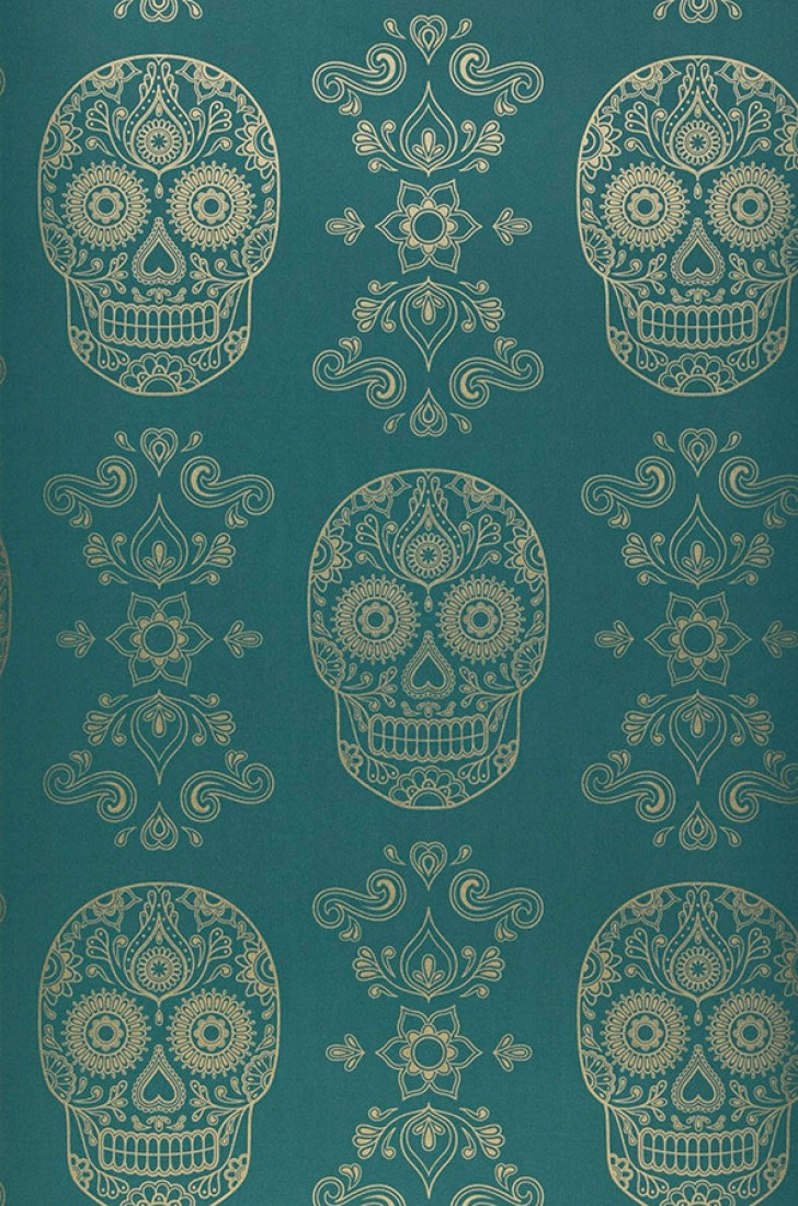 Wallpaper Dia De Los Muertos Shimmering Pattern Matt - Emerald Blue And Gold , HD Wallpaper & Backgrounds
