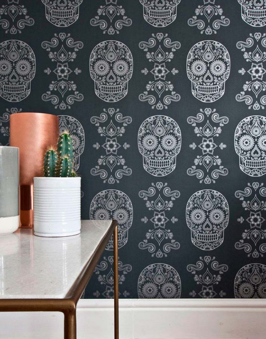 Wallpaper Dia De Los Muertos Shimmering Pattern Matt - Dark Grey And Silver , HD Wallpaper & Backgrounds