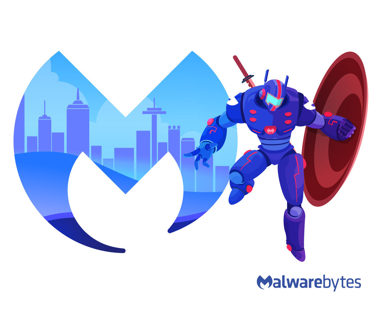 Robot Leaping On The Right Of A Malwarebytes Logo Holding - Papeis De Parede 1920x1080 Roxo E Laranja , HD Wallpaper & Backgrounds
