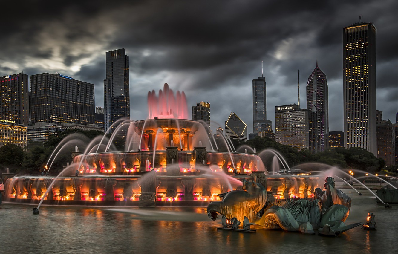 Photo Wallpaper Backlight, Chicago, Fountain, Usa, - Buckingham Fountain , HD Wallpaper & Backgrounds