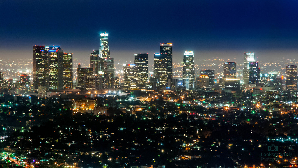 Los Angeles Skyline At Night 4k Wallpaper Desktop Background - Los Angeles , HD Wallpaper & Backgrounds