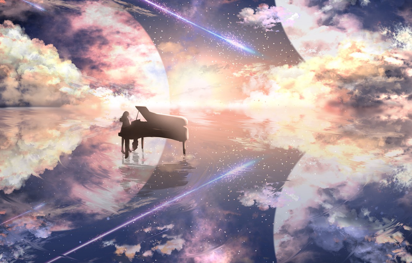 Photo Wallpaper Space, Anime, Plan, Silhouette, Illusion, - Anime Girl Playing Piano , HD Wallpaper & Backgrounds