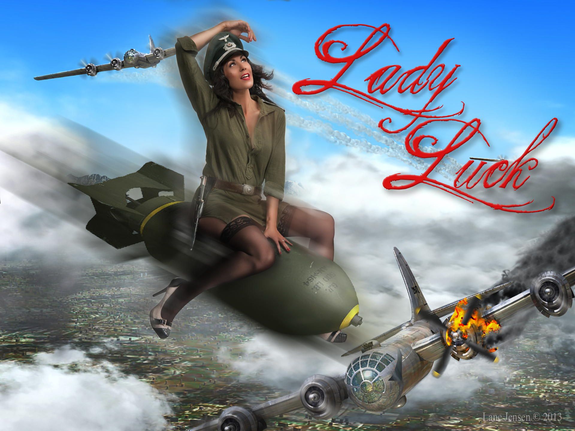 Photograph Lady Luck Pinup Bomb Girl By Lane Jensen - Pin Up Girl On A Bomb , HD Wallpaper & Backgrounds