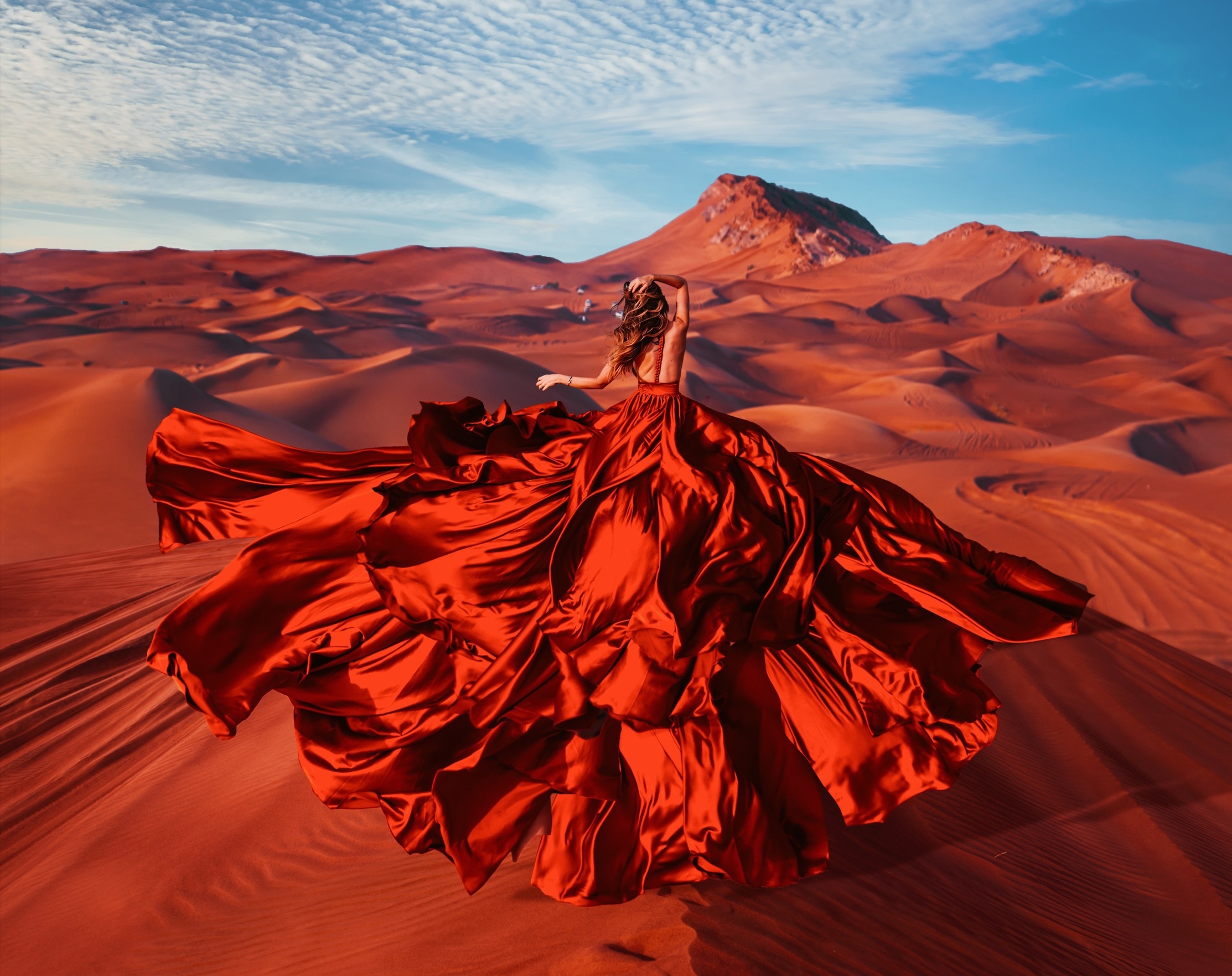 Women Rear Girl Desert Dune Red Dress Sand Redhead - Red Dress In Desert , HD Wallpaper & Backgrounds