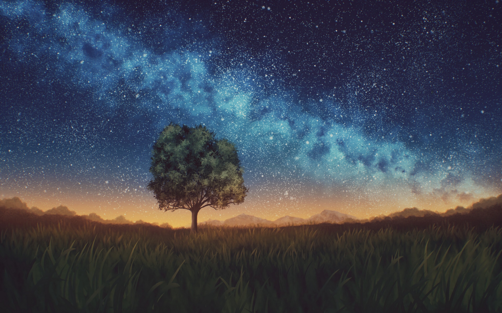 Wallpaper Lawn, Tree, Night, Starry Sky, Dark - Lawn Starry Night , HD Wallpaper & Backgrounds