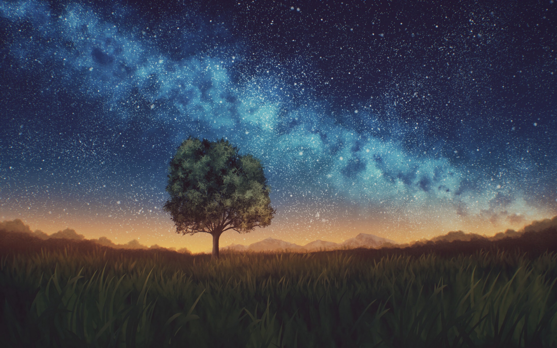Wallpaper Lawn, Tree, Night, Starry Sky, Dark - Lawn Starry Night , HD Wallpaper & Backgrounds