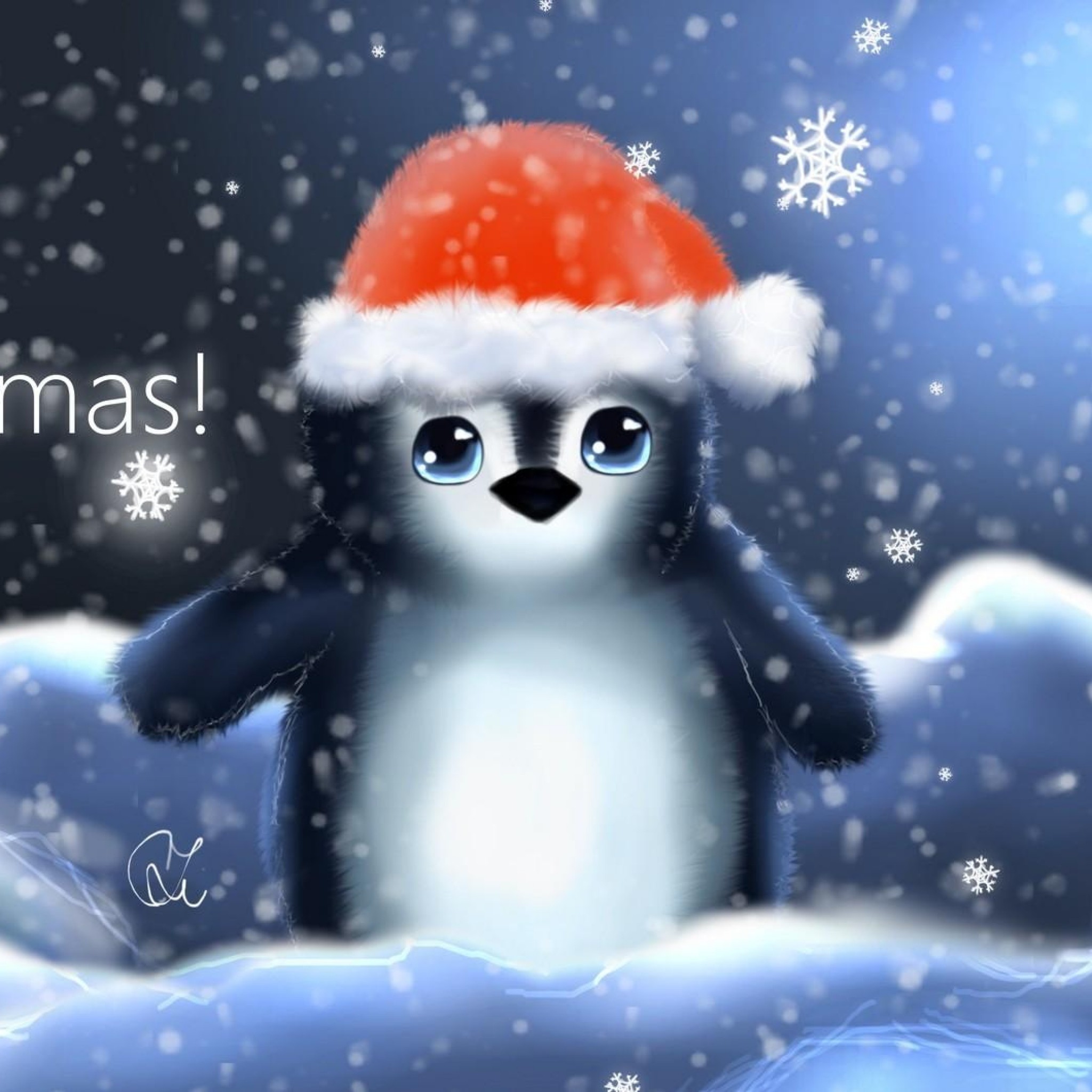 Preview Wallpaper Penguin, Hat, Cub, Snowflakes, Christmas, - Christmas Wallpaper Cute Penguin , HD Wallpaper & Backgrounds
