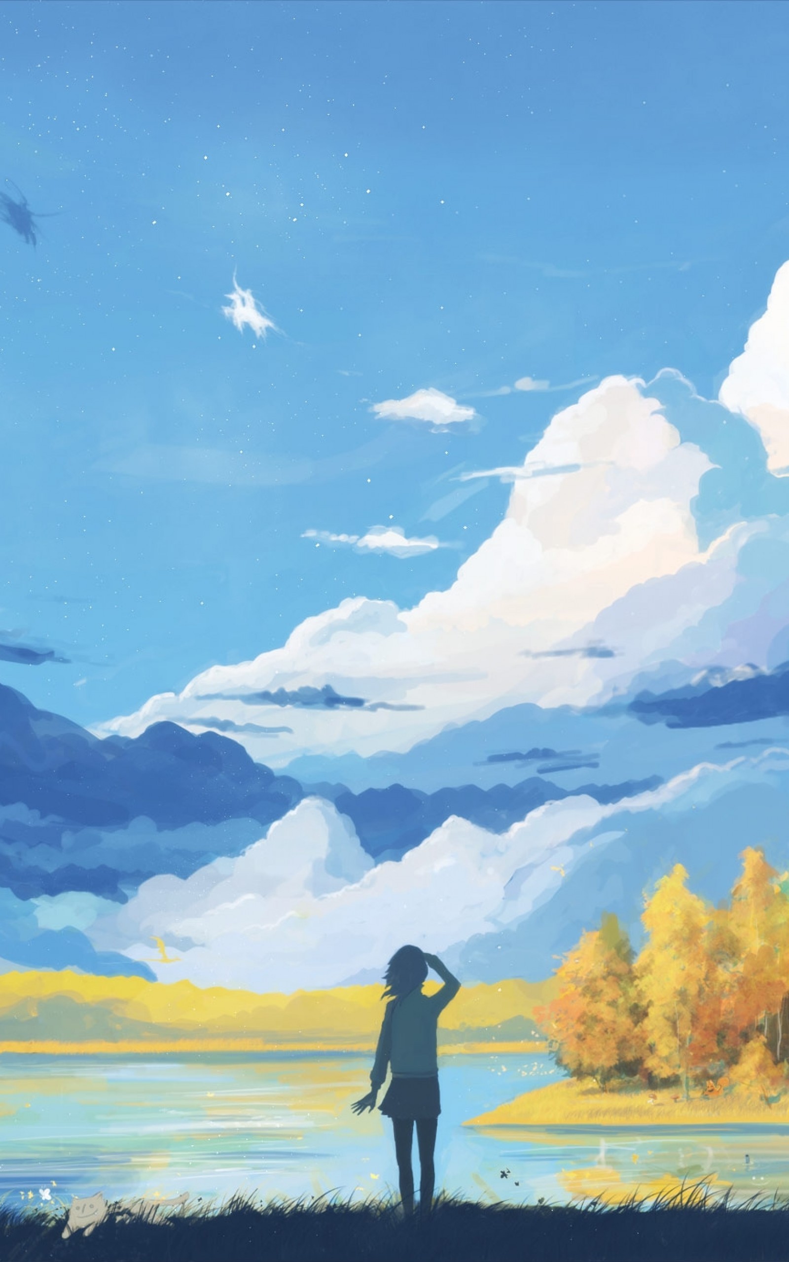 Anime Landscape, Girl, Mountain, Relaxing, Trees, Clouds, - Anime Landscape , HD Wallpaper & Backgrounds