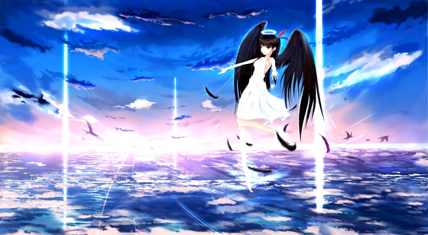 Anime Girl Female Clouds Sea Angel Sky Wings Hd Wallpaper - Girl Anime Angel Wings , HD Wallpaper & Backgrounds