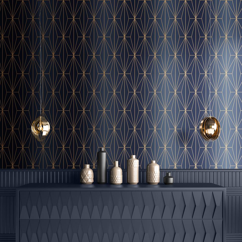Blue And Bronze Geometric Wallpaper In Room - Navy Geometric Wallpaper Uk , HD Wallpaper & Backgrounds