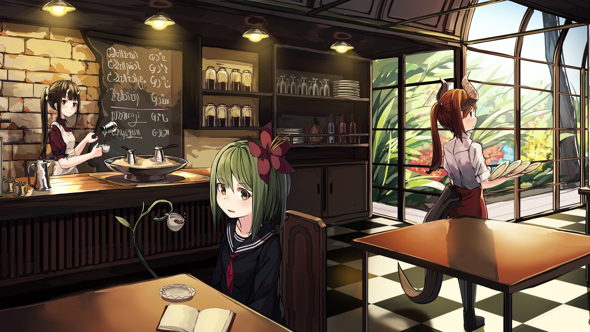 Anime Cafe, Slice Of Life, Girls, Ponytail, Horns - Cute Coffee Shop Anime , HD Wallpaper & Backgrounds