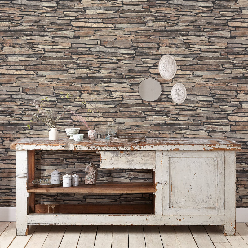 Rustic Stone Wall Wallpaper - Papier Peint Boiserie Gris , HD Wallpaper & Backgrounds