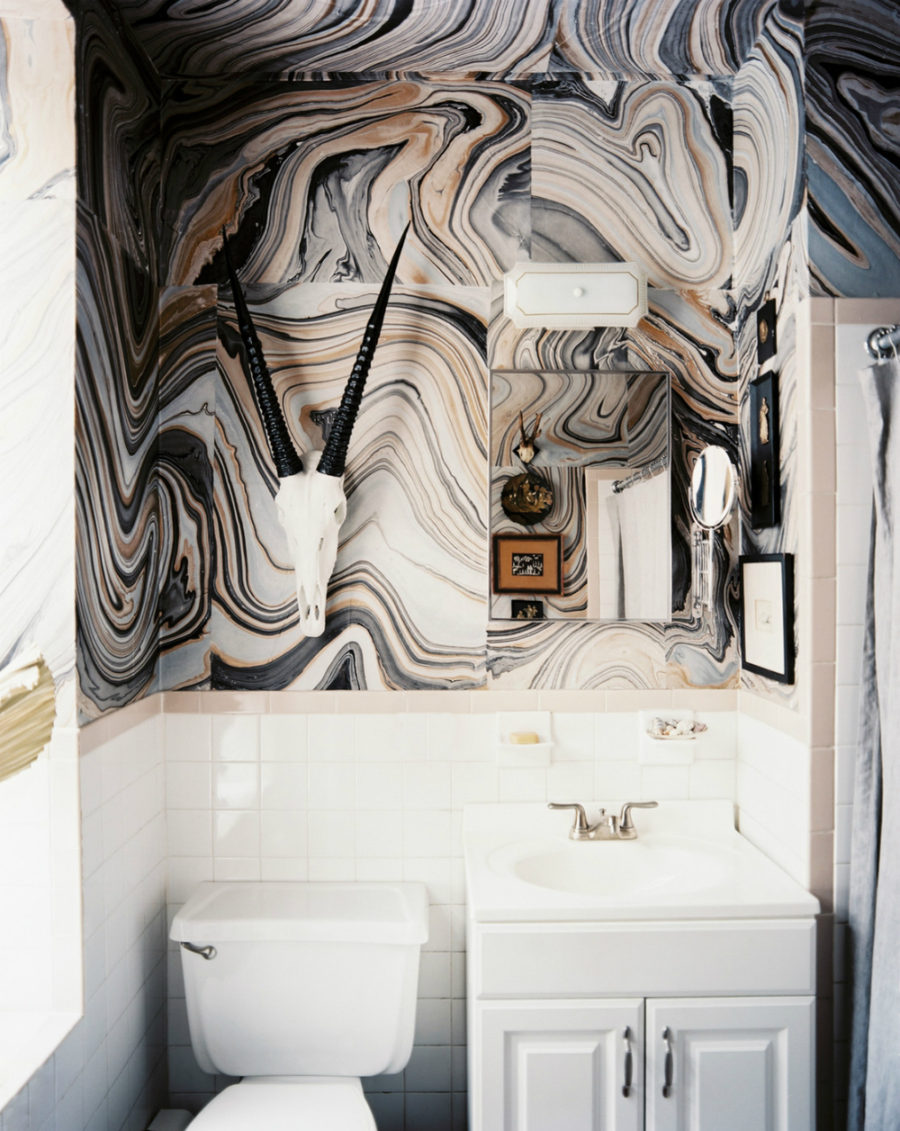 Stone-like Wallpaper Feature Wall In A Powder Room - Mural For Powder Room , HD Wallpaper & Backgrounds