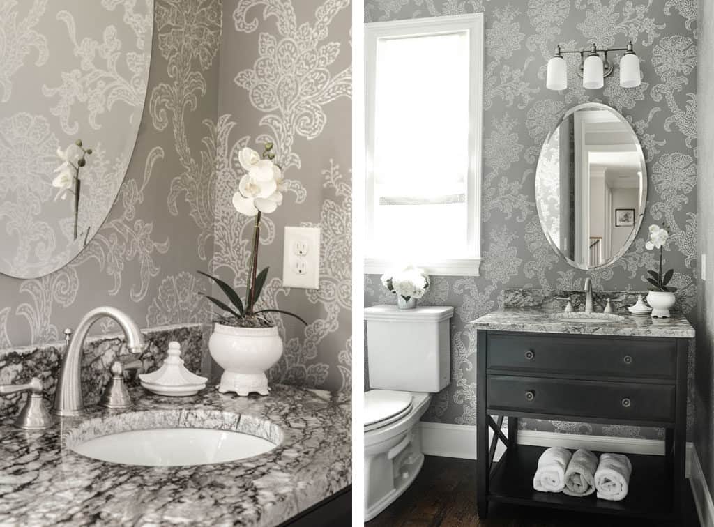 Wallpaper Powder Room White & Grey Floral Walls - Grey Wallpaper In Bathroom , HD Wallpaper & Backgrounds