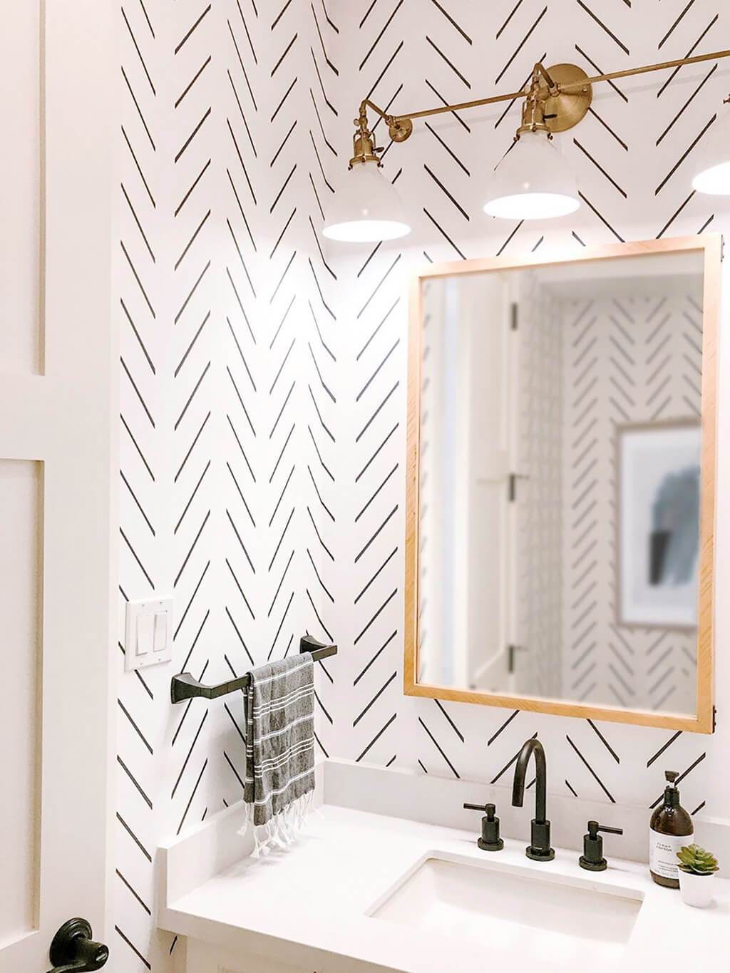 Small White Powder Room Interior With Modern Herringbone - Bathroom , HD Wallpaper & Backgrounds