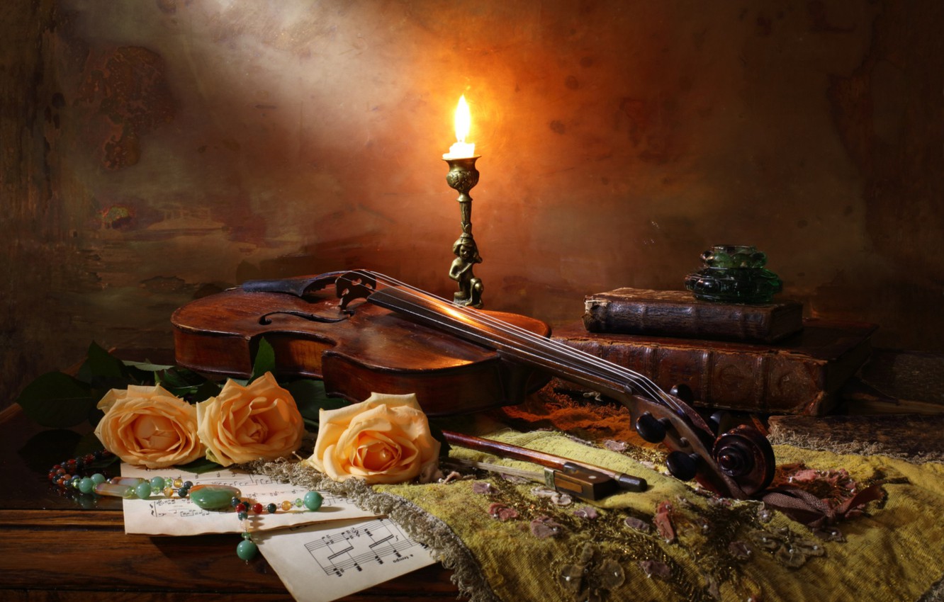Photo Wallpaper Violin, Books, Roses, Candle - Violin Rose And Candle , HD Wallpaper & Backgrounds