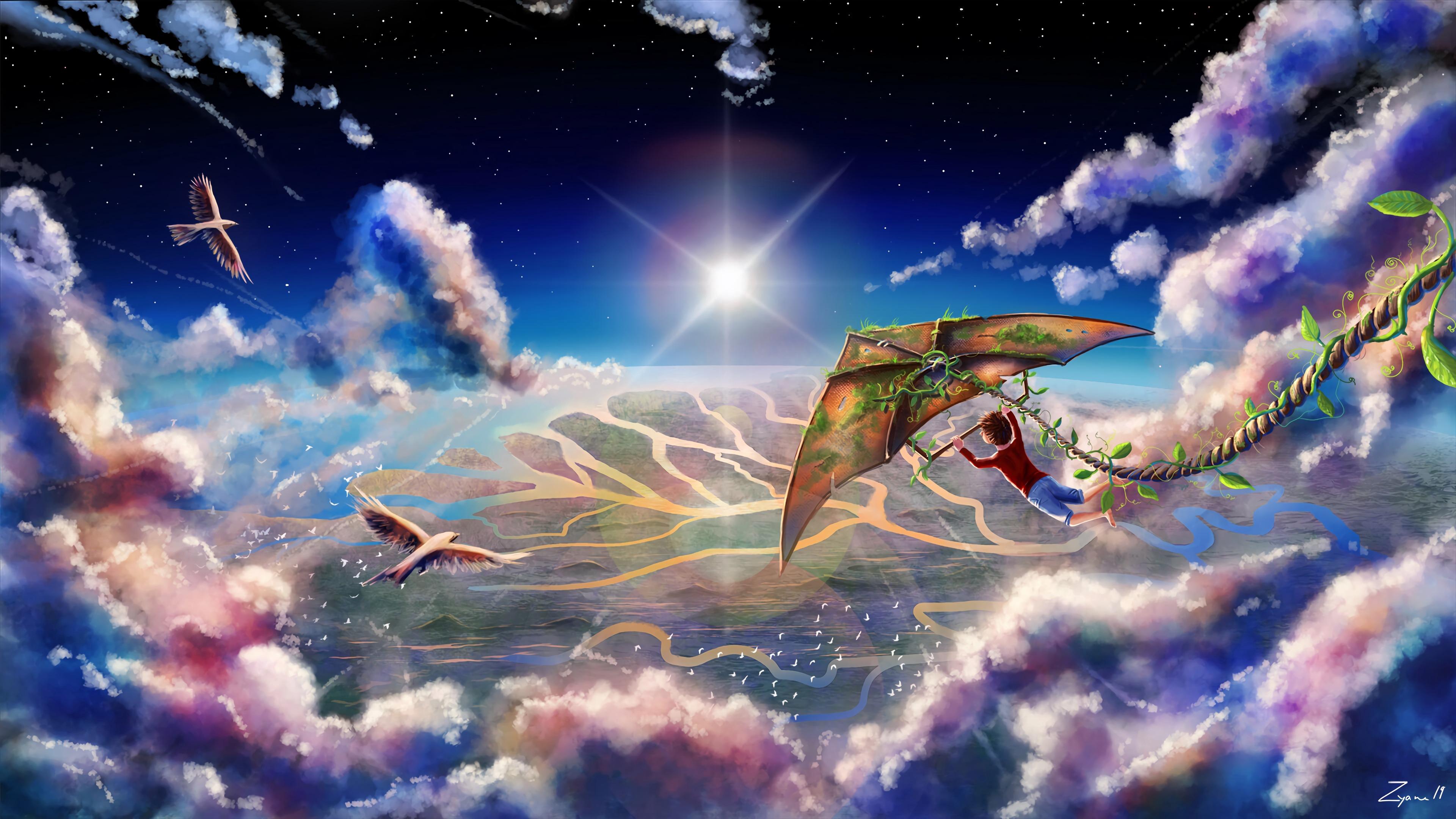 Boy, Kite, Clouds, Flight, Art - Wallpaper , HD Wallpaper & Backgrounds