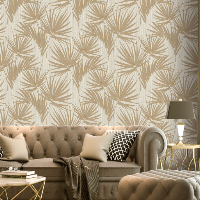Belgravia Decor Aurora Palm Gold/cream Wallpaper - Grey Check Living Room Ideas , HD Wallpaper & Backgrounds