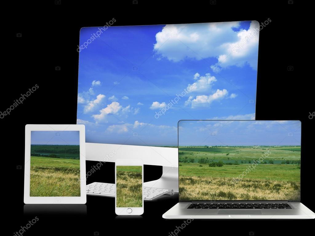 Monitor, Laptop, Tablets And Phone With Nature Wallpaper - Netbook , HD Wallpaper & Backgrounds