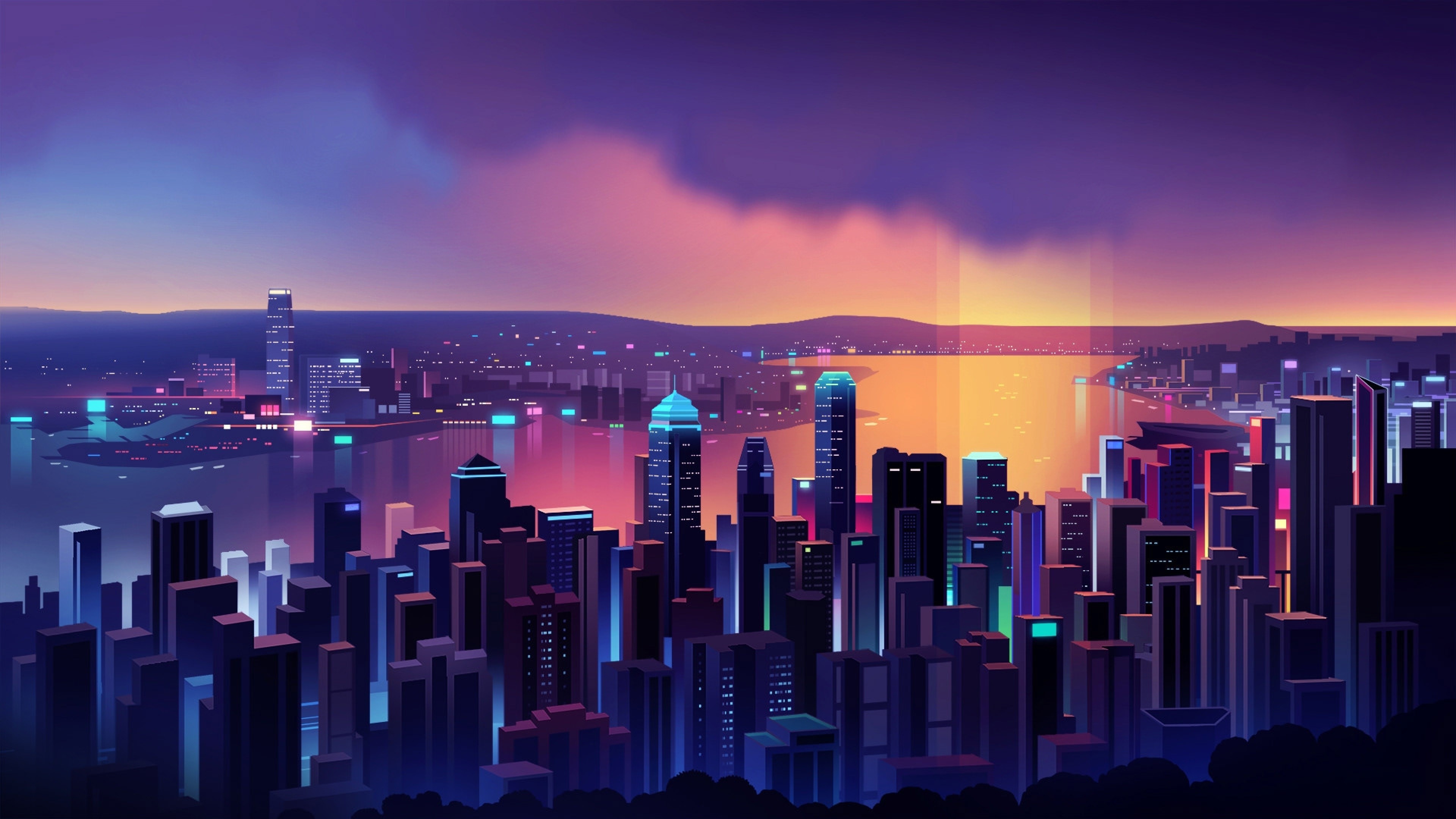 Flat Cityscape, Digital Art, Skyscrapers, River - Romain Trystram , HD Wallpaper & Backgrounds