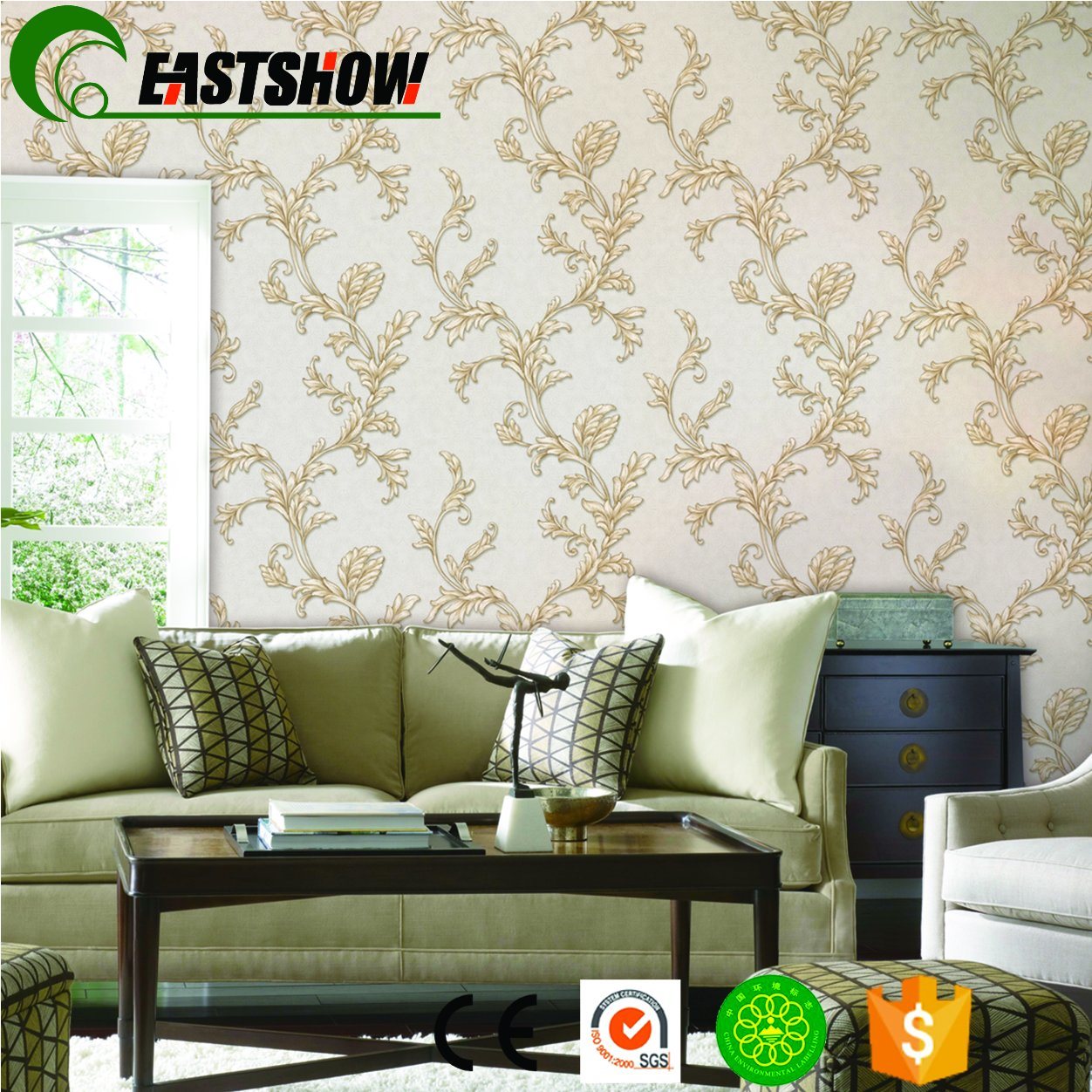 Pvc Leaf Wall Paper Wallpapers For Interior Decoration - Simple Living Room Lighting Ideas , HD Wallpaper & Backgrounds