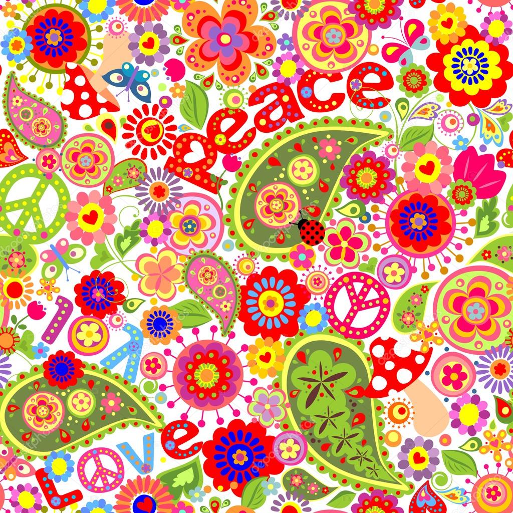 Hippie Childish Colorful Wallpaper With Mushrooms And - Hippie Flower Power , HD Wallpaper & Backgrounds