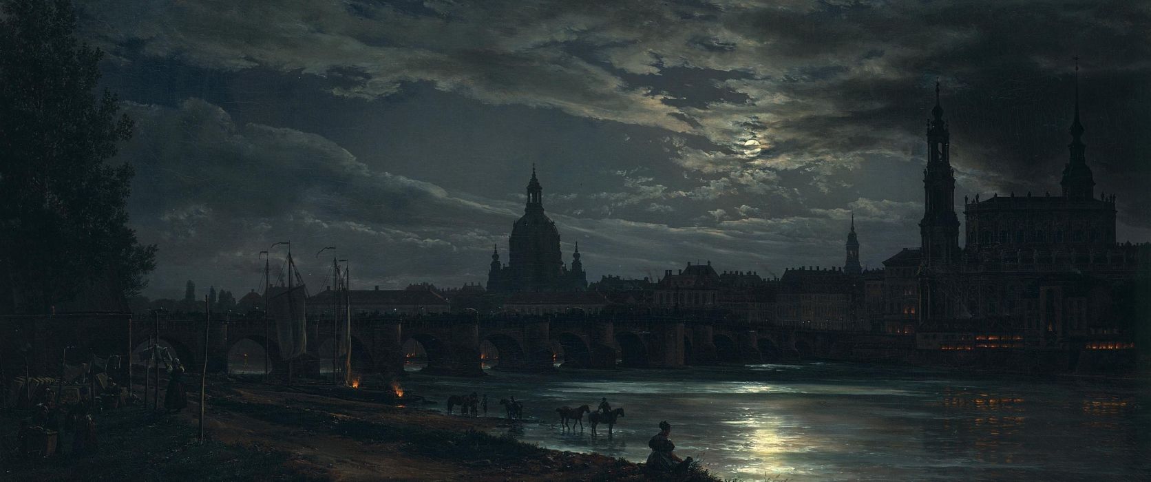 Ultrawide Classic Art Dresden Wallpaper - View Of Dresden By Moonlight , HD Wallpaper & Backgrounds